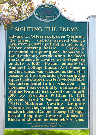 Michigan Historic Marker dedicated to George Custer in Monroe, MI. Image ©2015 Look Around You Ventures, LLC.